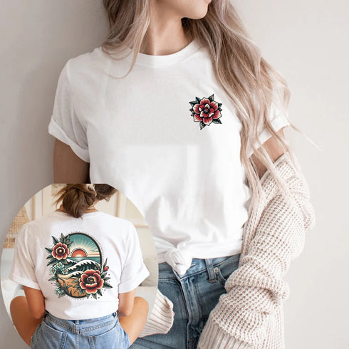 Women's Floral Beach Sunset T Shirt Short Sleeve Vacation Top for Summer Beach Lover Casual Wear